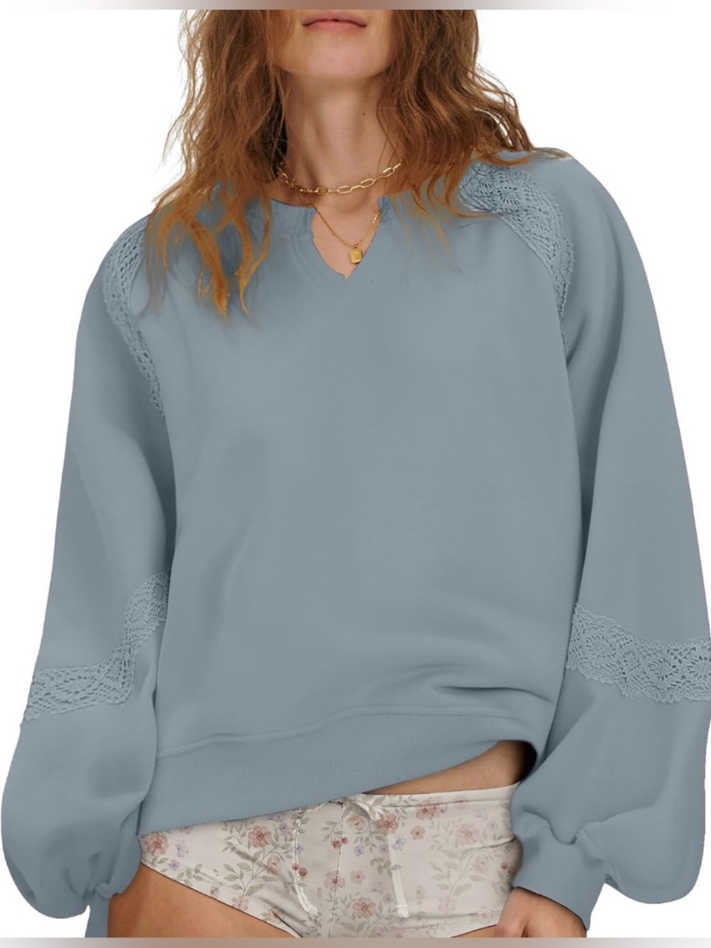 Blue Grey Relaxed Roomy Fit Lace-Trim Sweatshirt